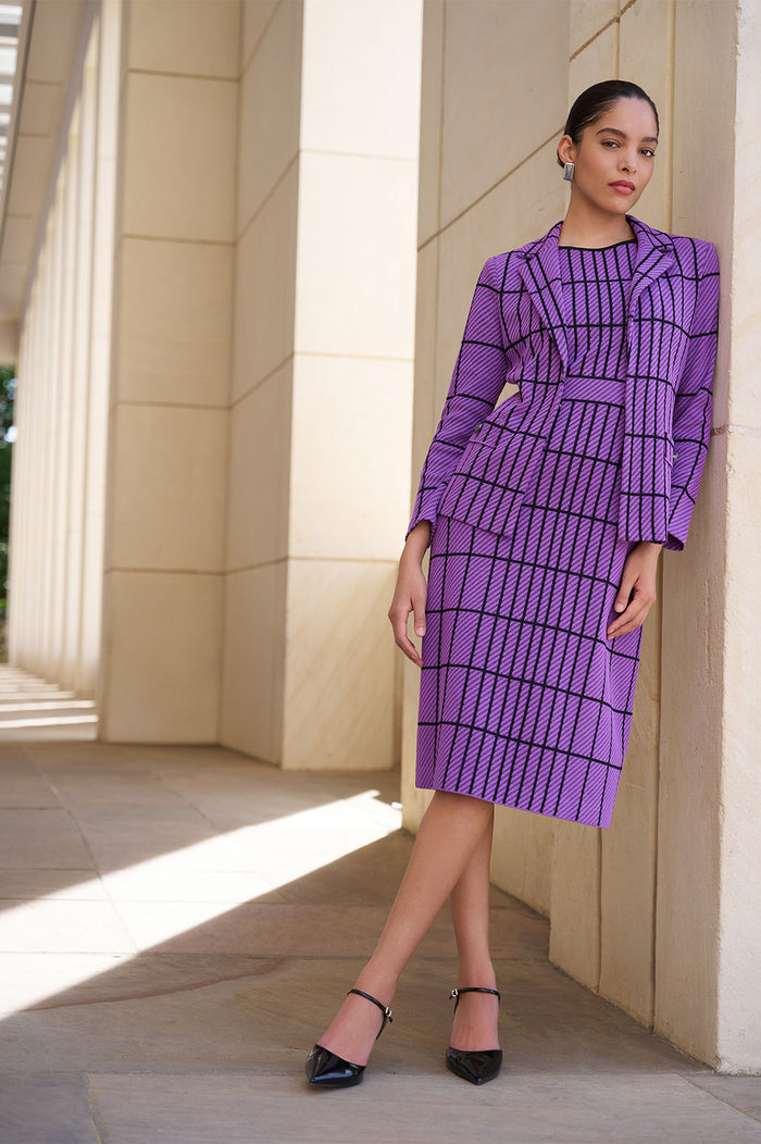 Plus Size A-Line Grid Knit Midi Dress, Sunset Purple/Black | Ming Wang