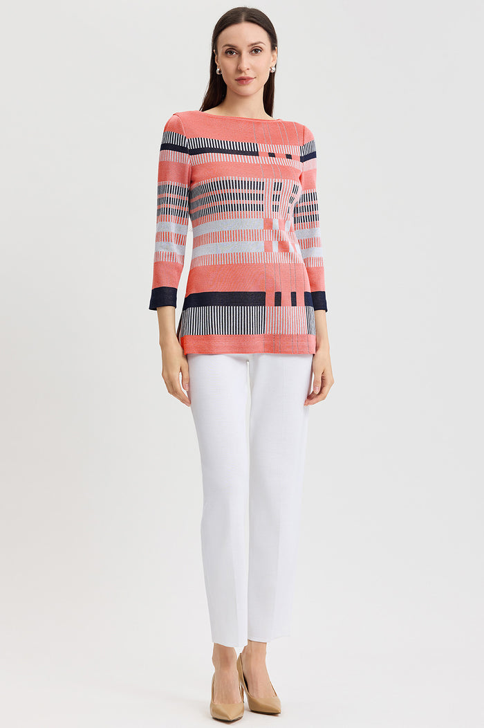 Plus Size Classic Jacquard Colorblock Soft Knit Tunic, Sunkist Coral/White/Indigo | Ming Wang
