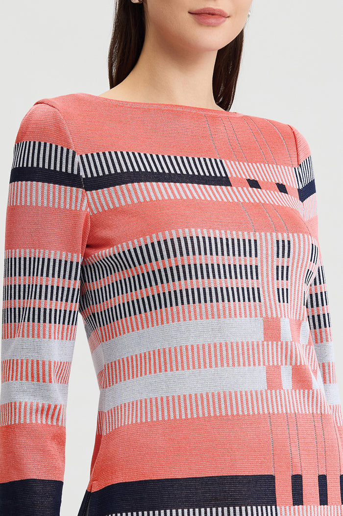 Plus Size Classic Jacquard Colorblock Soft Knit Tunic, Sunkist Coral/White/Indigo | Ming Wang