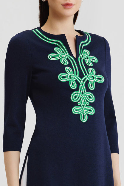 Plus Size Classic Soutache Soft Knit Tunic, Indigo/Kelly Green/Ivory | Ming Wang