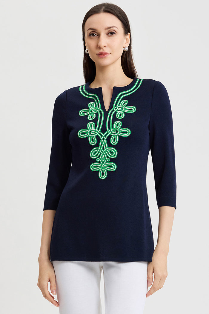 Plus Size Classic Soutache Soft Knit Tunic, Indigo/Kelly Green/Ivory | Ming Wang