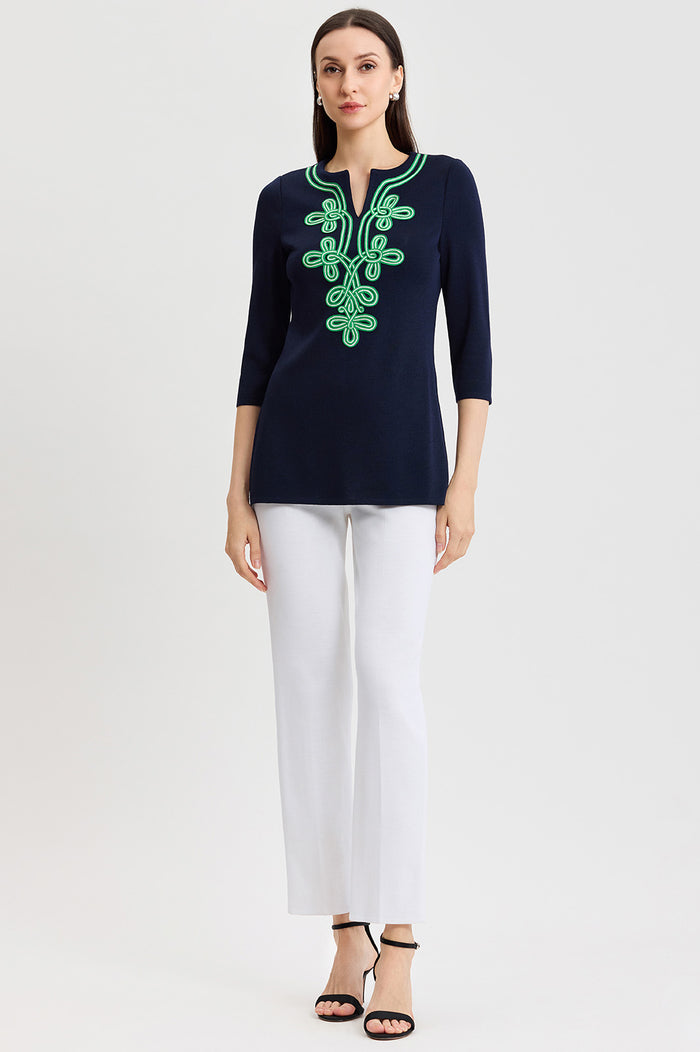 Plus Size Classic Soutache Soft Knit Tunic, Indigo/Kelly Green/Ivory | Ming Wang