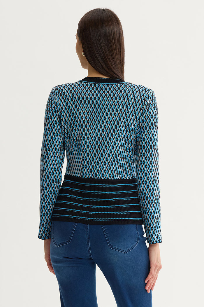 Plus Size Diamond Pattern Soft Ribbed Knit Top, Tranquil Blue/Lunar Rock/Black | Ming Wang