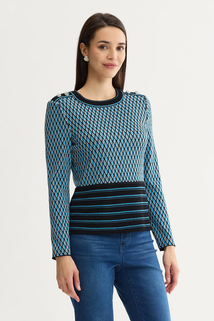 Plus Size Diamond Pattern Soft Ribbed Knit Top, Tranquil Blue/Lunar Rock/Black | Ming Wang