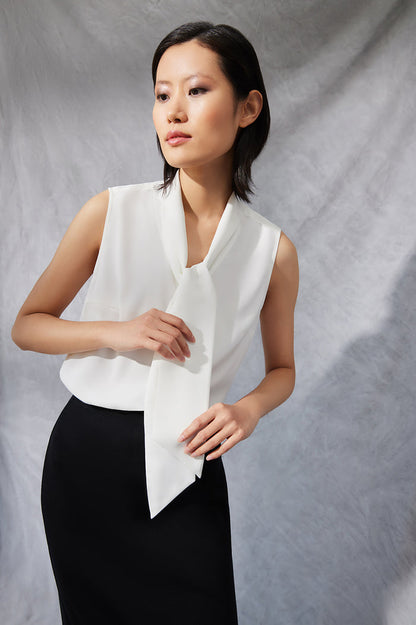 Plus Size Drape Tie-Neck Crepe de Chine Blouse, White, White | Ming Wang