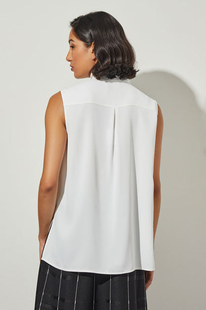 Plus Size Drape Tie-Neck Crepe de Chine Blouse, White | Ming Wang