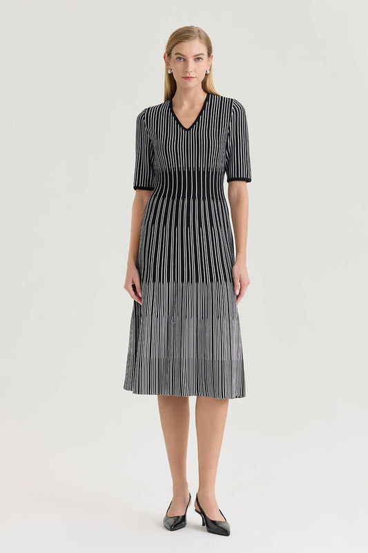 Plus Size Fit-N-Flare Linear Soft Knit Midi Dress, Black/White | Ming Wang