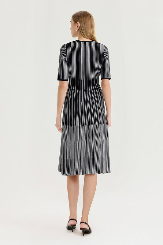Plus Size Fit-N-Flare Linear Soft Knit Midi Dress, Black/White | Ming Wang