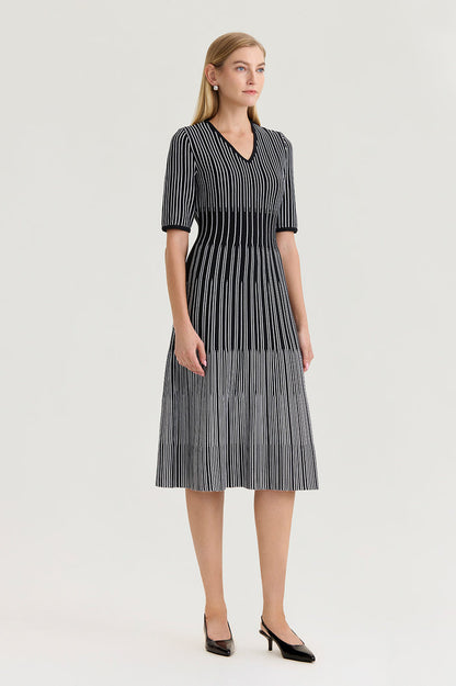 Plus Size Fit-N-Flare Linear Soft Knit Midi Dress, Black/White | Ming Wang