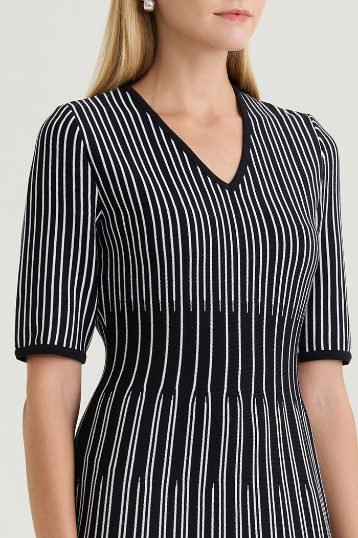 Plus Size Fit-N-Flare Linear Soft Knit Midi Dress, Black/White | Ming Wang