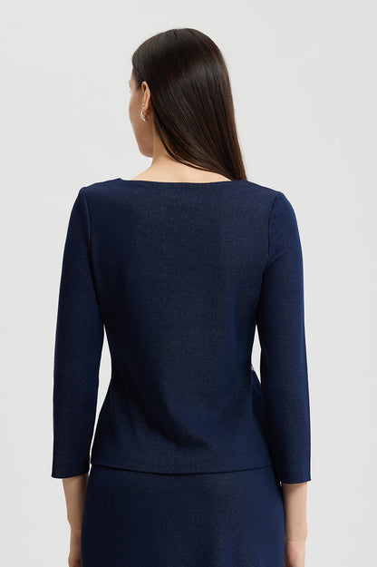 Plus Size Floral Jacquard Soft Knit Top, Indigo/Ivory/Warm Taupe | Ming Wang