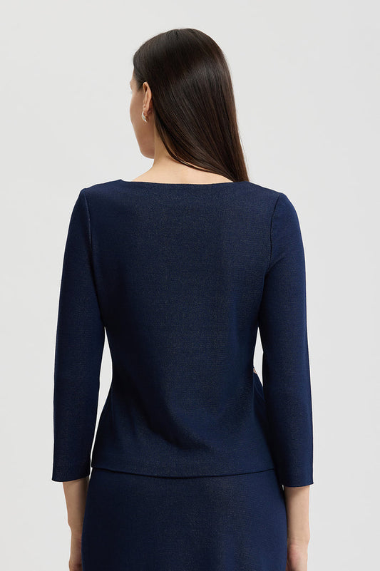 Plus Size Floral Jacquard Soft Knit Top, Indigo/Ivory/Warm Taupe | Ming Wang
