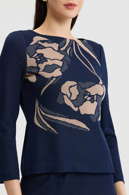 Plus Size Floral Jacquard Soft Knit Top, Indigo/Ivory/Warm Taupe | Ming Wang