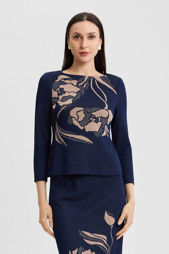Plus Size Floral Jacquard Soft Knit Top, Indigo/Ivory/Warm Taupe | Ming Wang