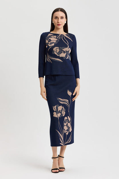 Plus Size Floral Jacquard Soft Knit Top, Indigo/Ivory/Warm Taupe | Ming Wang