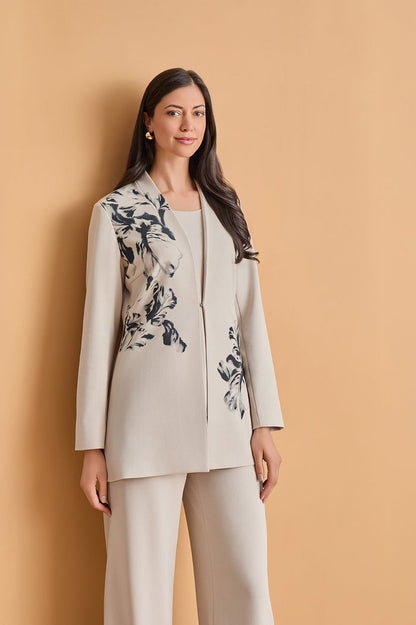Plus Size Heritage Floral Printed Stretch Deco Crepe Jacket, Limestone/Black | Ming Wang