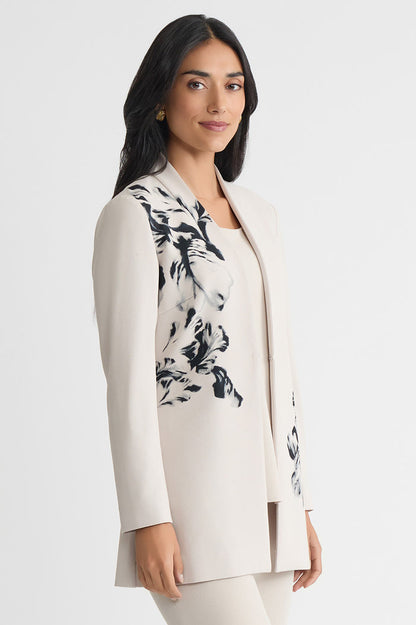 Plus Size Heritage Floral Printed Stretch Deco Crepe Jacket, Limestone/Black | Ming Wang