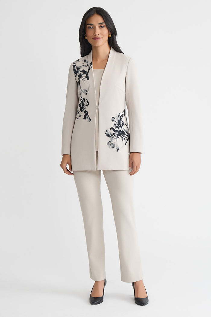 Plus Size Heritage Floral Printed Stretch Deco Crepe Jacket, Limestone/Black | Ming Wang