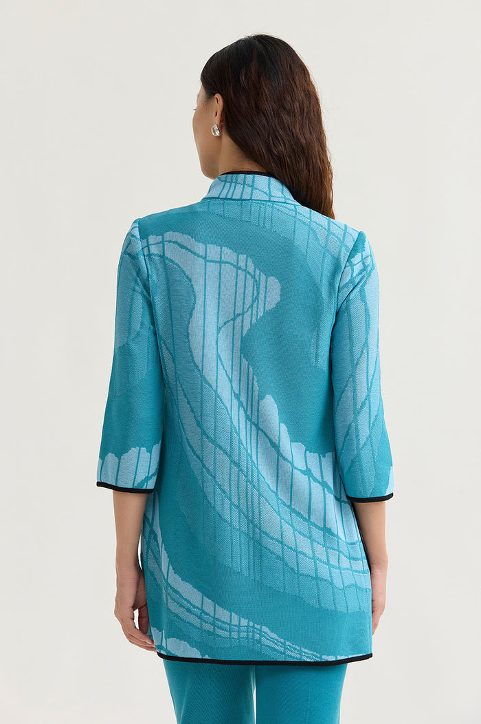 Plus Size Heritage Geoprint Jacquard Knit Jacket, Serene/Nebula/White/Black | Ming Wang