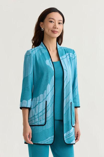 Plus Size Heritage Geoprint Jacquard Knit Jacket, Serene/Nebula/White/Black | Ming Wang