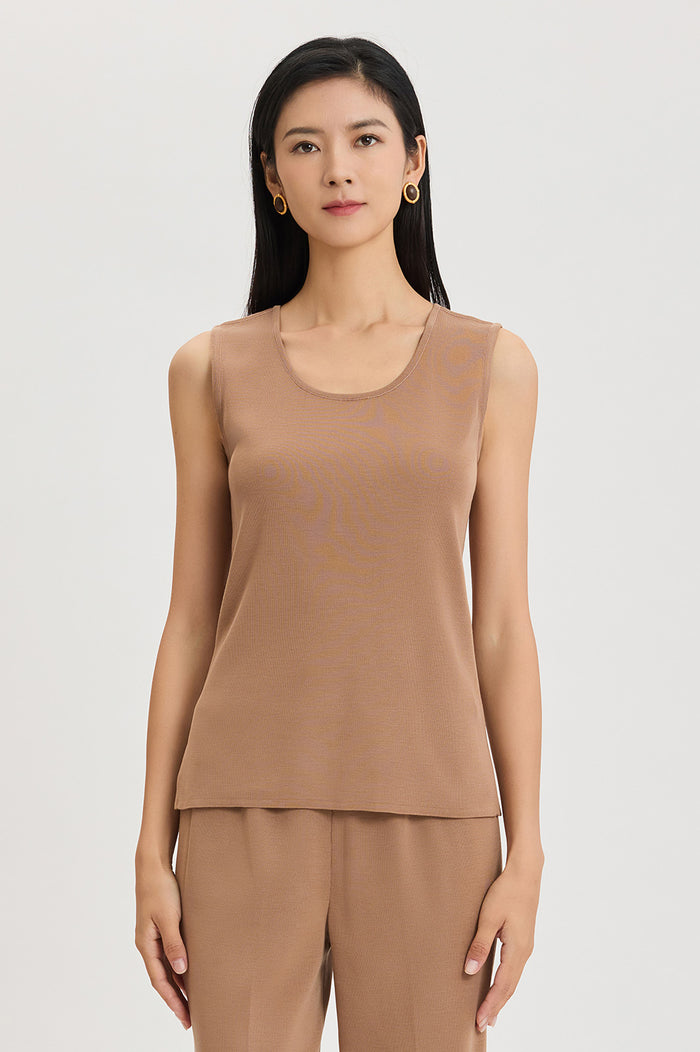 Plus Size Mid-Length Scoop Neck Knit Tank, Warm Taupe, Warm Taupe | Ming Wang