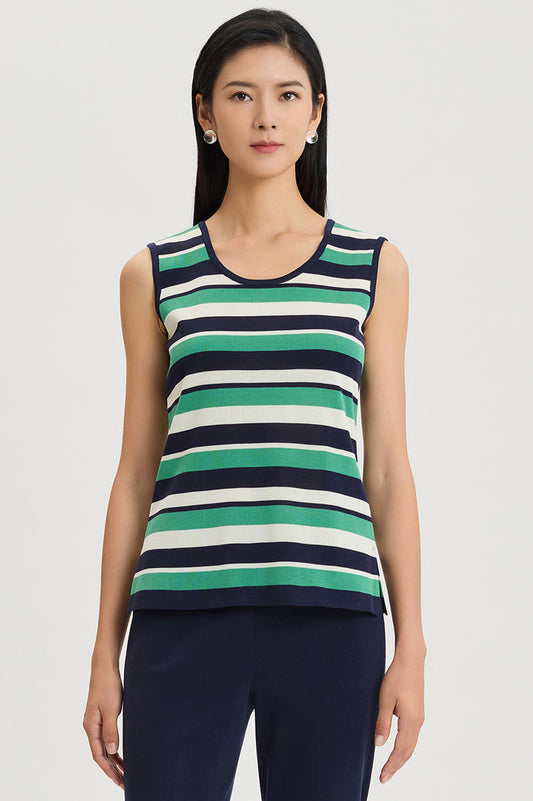 Plus Size Mid-Length Stripe Scoop Neck Knit Tank, Indigo/Kelly Green/Ivory | Ming Wang