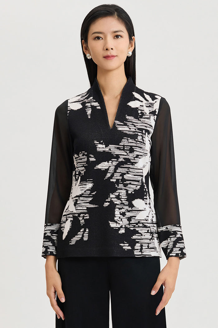 Plus Size Mixed-Media Floral Jacquard Knit Tunic, Black/White | Ming Wang