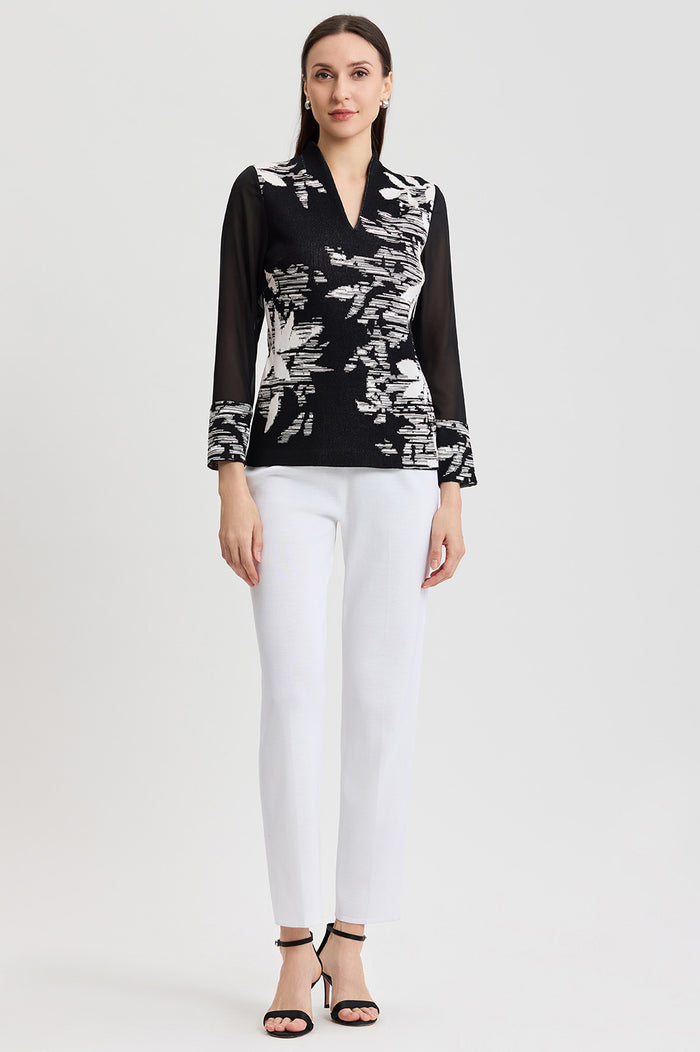 Plus Size Mixed-Media Floral Jacquard Knit Tunic, Black/White | Ming Wang