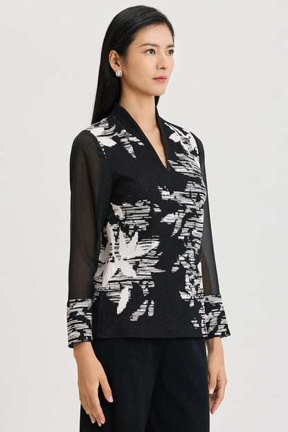Plus Size Mixed-Media Floral Jacquard Knit Tunic, Black/White | Ming Wang