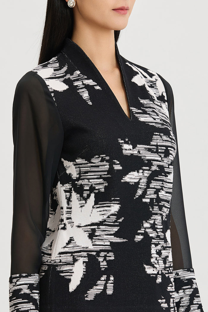 Plus Size Mixed-Media Floral Jacquard Knit Tunic, Black/White | Ming Wang