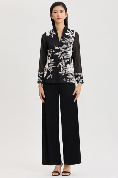 Plus Size Mixed-Media Floral Jacquard Knit Tunic, Black/White | Ming Wang