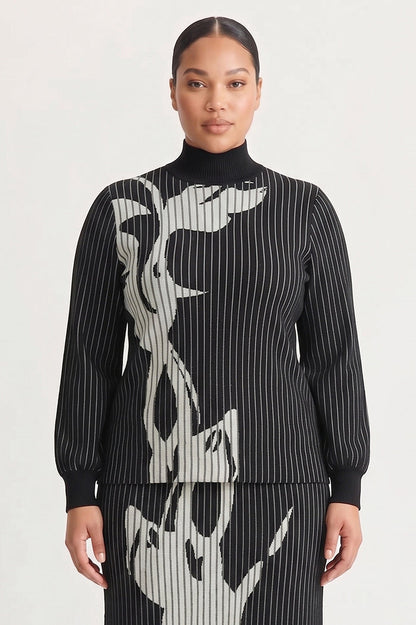Plus Size Mock Neck Floral Soft Ribbed Knit Top, Black/Ivory | Ming Wang