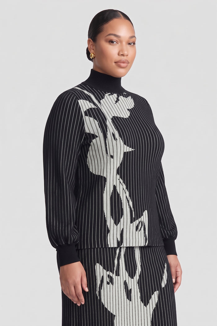Plus Size Mock Neck Floral Soft Ribbed Knit Top, Black/Ivory | Ming Wang
