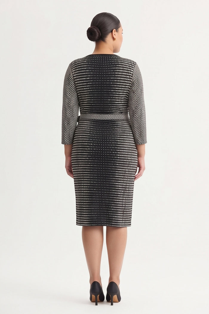 Plus Size Monochrome Soft Knit Midi Wrap Dress, Black/Ivory | Ming Wang