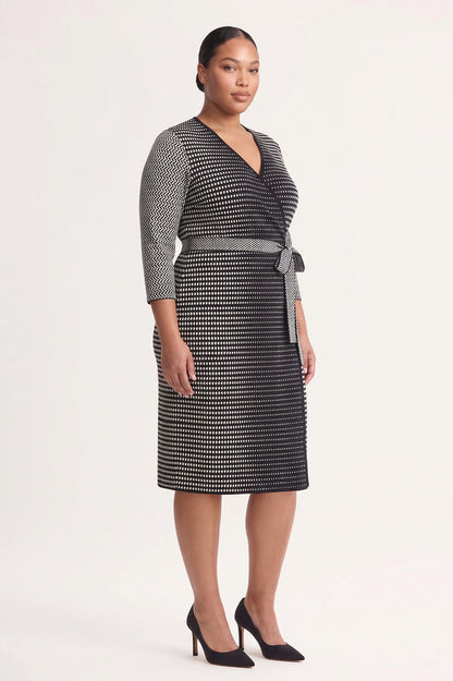 Plus Size Monochrome Soft Knit Midi Wrap Dress, Black/Ivory | Ming Wang