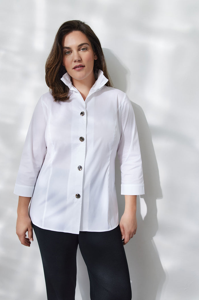 Plus Size Ruffle Neck Button-Front Cotton Poplin Blouse | Ming Wang