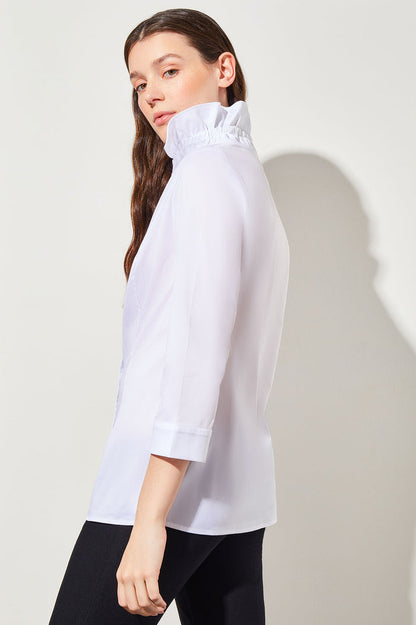 Plus Size Ruffle Neck Button-Front Cotton Poplin Blouse | Ming Wang