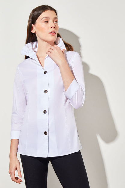 Plus Size Ruffle Neck Button-Front Cotton Poplin Blouse | Ming Wang
