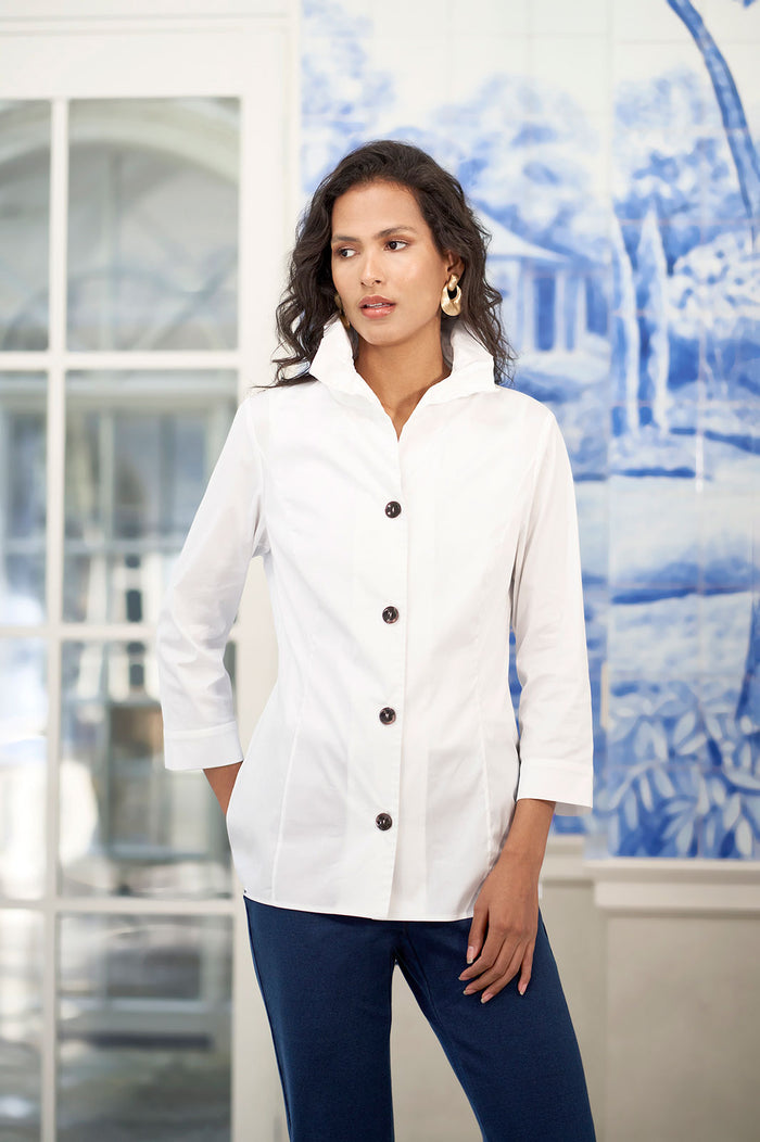 Plus Size Ruffle Neck Button-Front Cotton Poplin Blouse | Ming Wang