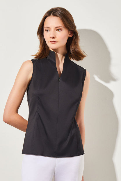 Plus Size Sleeveless Zip-Up Stretch Cotton Shirt, Black | Ming Wang