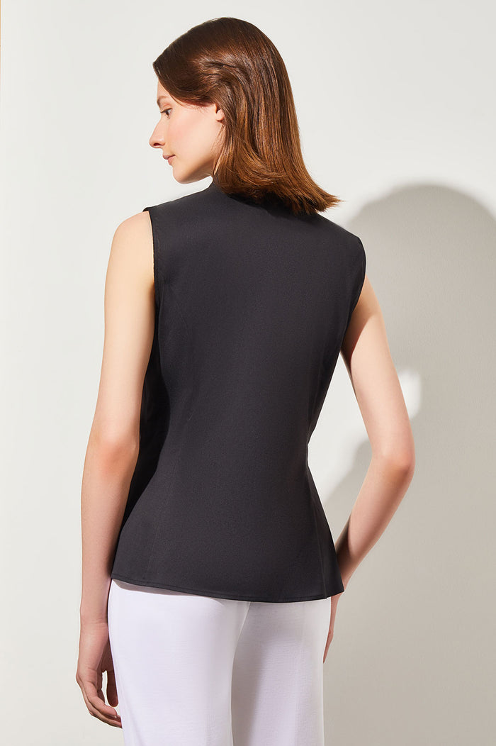 Plus Size Sleeveless Zip-Up Stretch Cotton Shirt, Black | Ming Wang