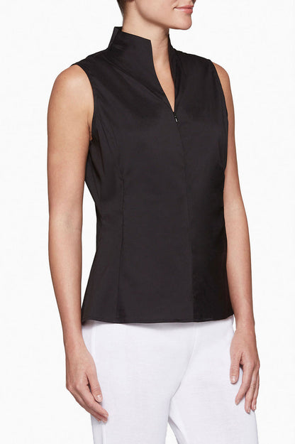Plus Size Sleeveless Zip-Up Stretch Cotton Shirt, Black | Ming Wang