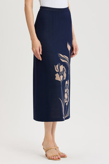 Plus Size Straight Floral Jacquard Soft Knit Maxi Skirt, Indigo/Ivory/Warm Taupe | Ming Wang