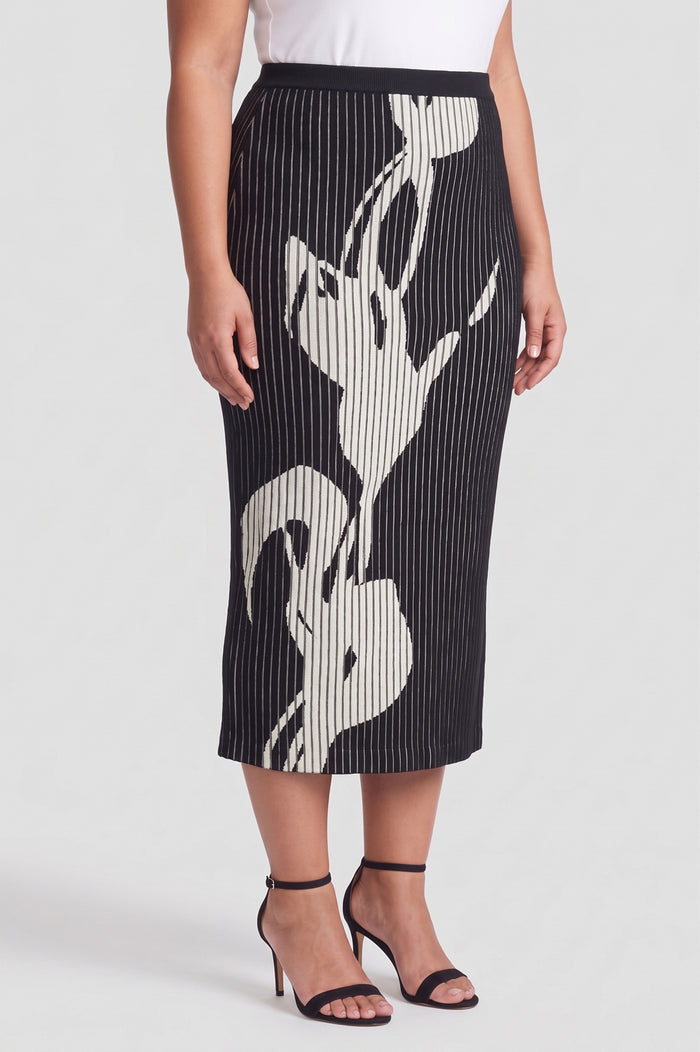Plus Size Straight Floral Soft Ribbed Knit Maxi Skirt, Black/Ivory | Ming Wang