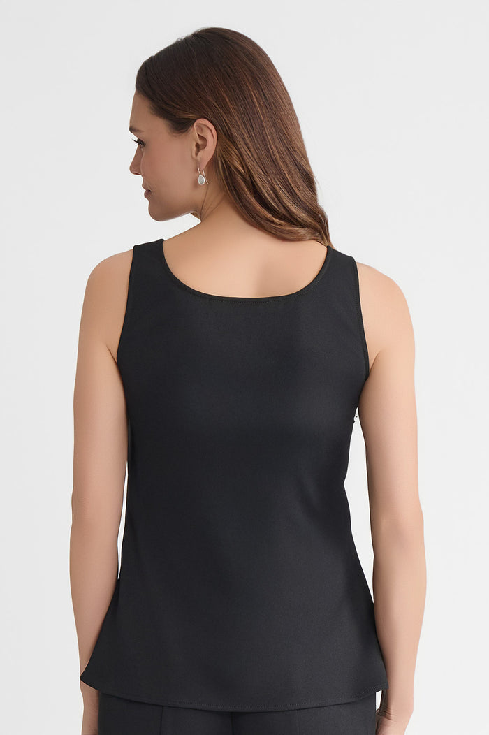 Plus Size Stretch Deco Crepe Scoop Neck Tank, Black, Black | Ming Wang