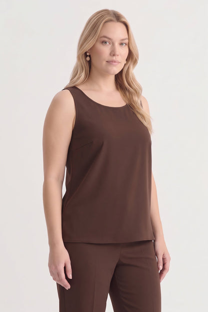 Plus Size Stretch Deco Crepe Scoop Neck Tank, Dark Umber, Dark Umber | Ming Wang