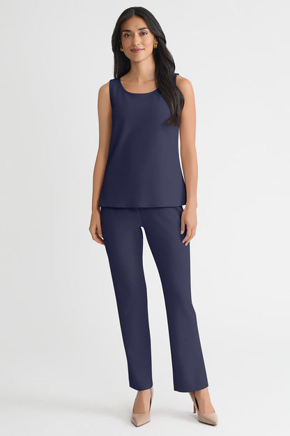 Plus Size Stretch Deco Crepe Scoop Neck Tank, Indigo, Indigo | Ming Wang