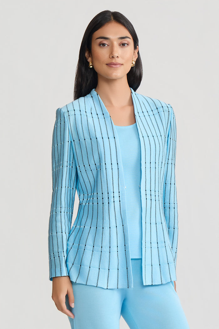 Plus Size Tailored Dotted Stripe Peplum Knit Jacket, Serene/Black | Ming Wang