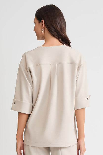 Plus Size Heritage Tonal Stretch Deco Crepe Jacket, Limestone, Limestone | Ming Wang