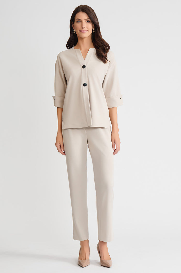Plus Size Heritage Tonal Stretch Deco Crepe Jacket, Limestone, Limestone | Ming Wang